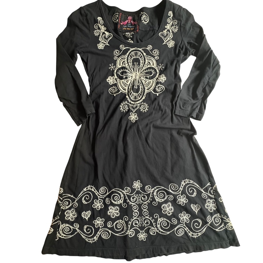 Johnny Was JW Los Angeles Blk Cotton Embroidered Long Sleeve Ruched Back Dress S